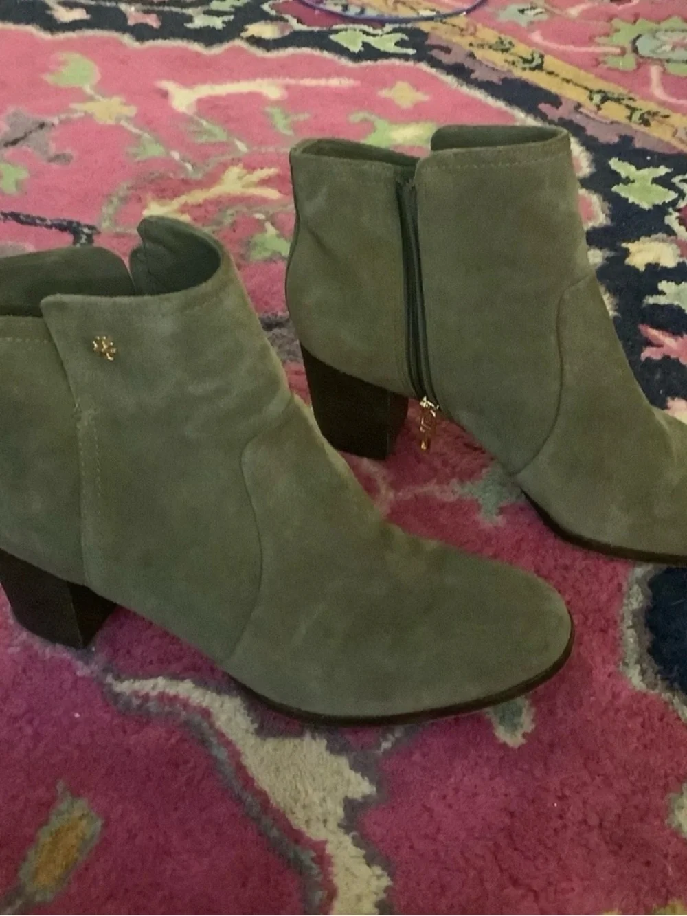 Tory Burch Sage Green Suede Ankle Booties with Gold Logo Accent